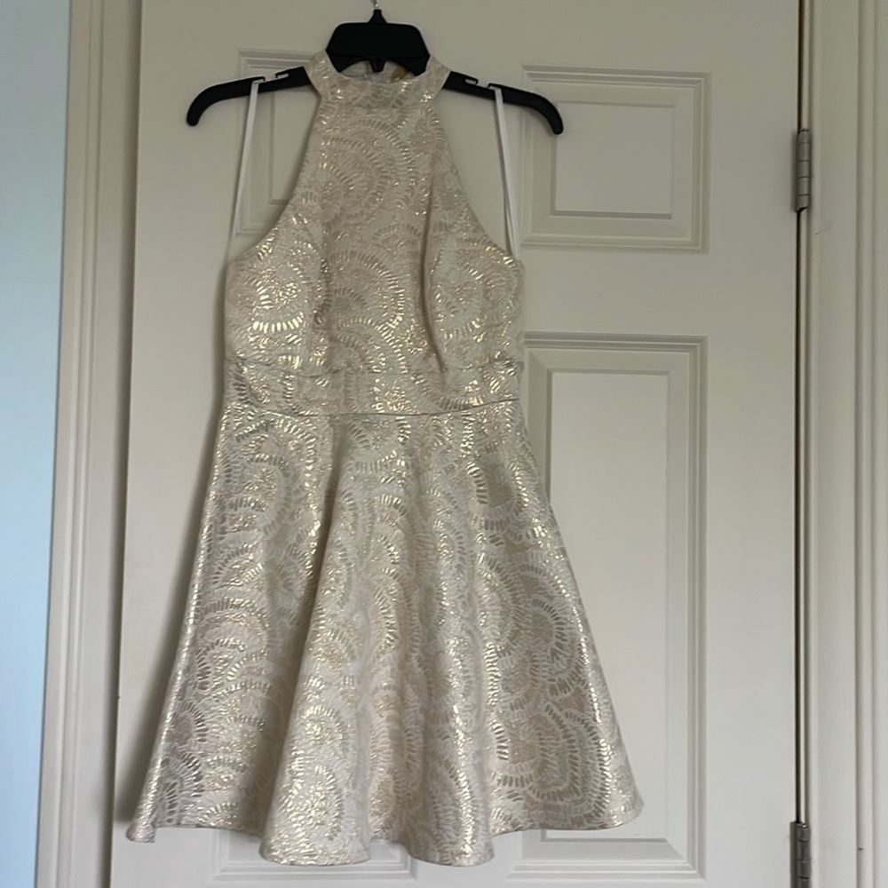 Everleigh gold and cream jacquard skater dress. NWOT. Halter neck.